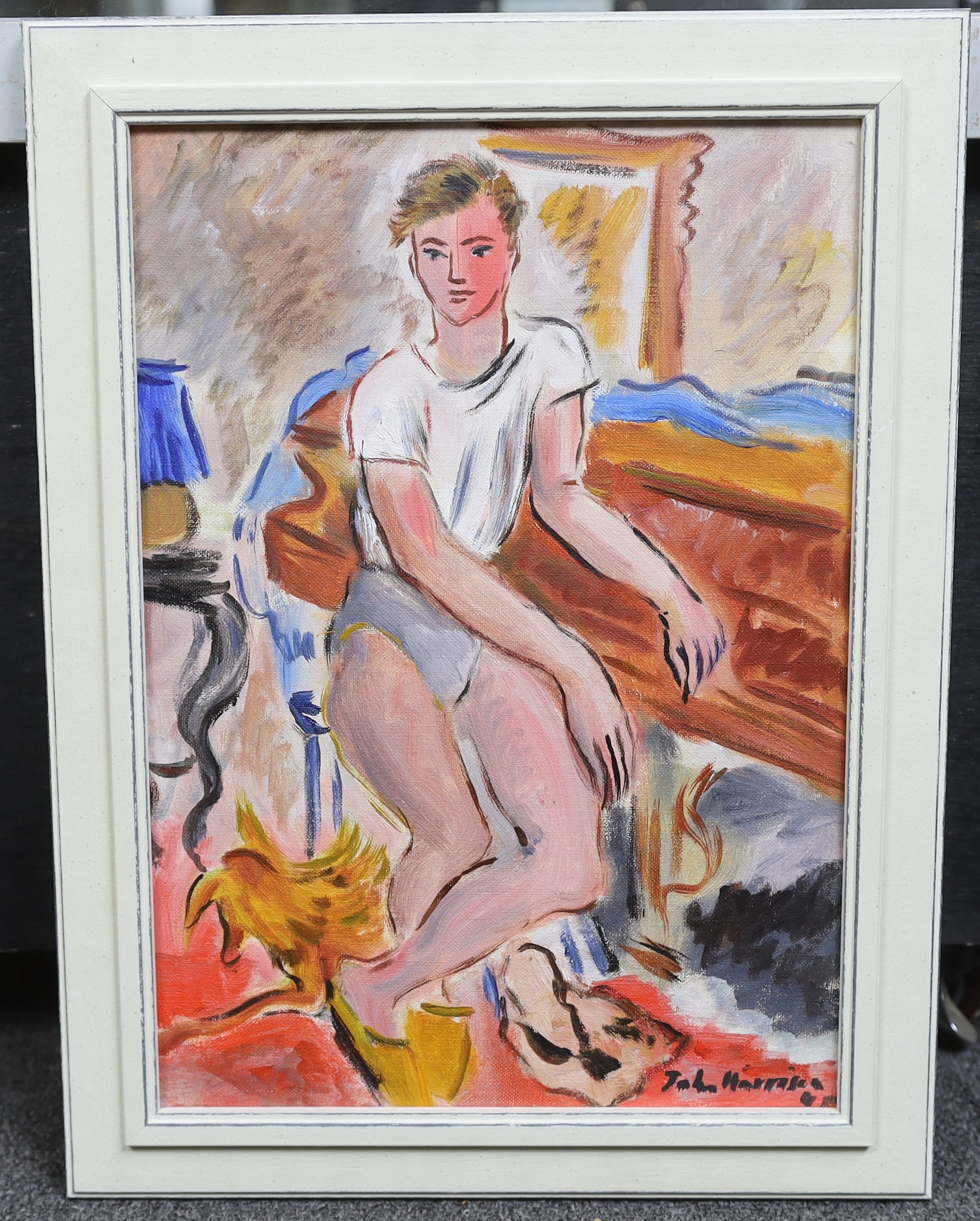 John Theodore Harrison (1914-2002), oil on canvas board, Youth seated at a piano, signed, 34 x 24cm